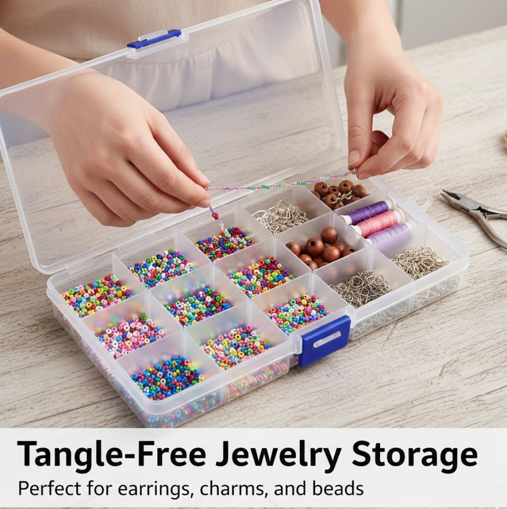 Clear plastic storage container for small accessories, showcasing its adjustable divider feature.