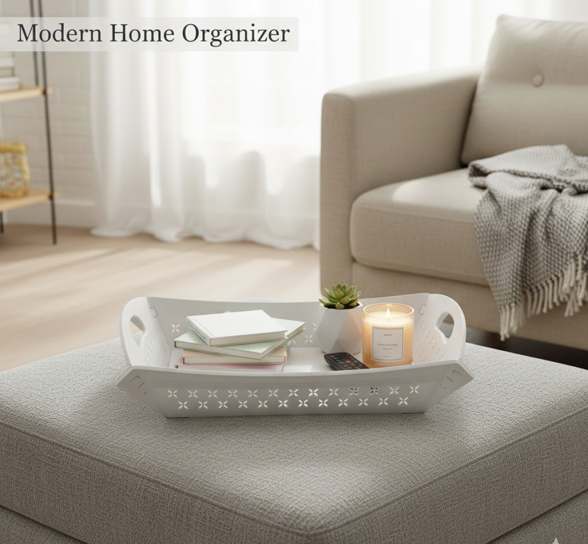 Angled view of the foldable serving tray with dimensions, demonstrating its practical size.