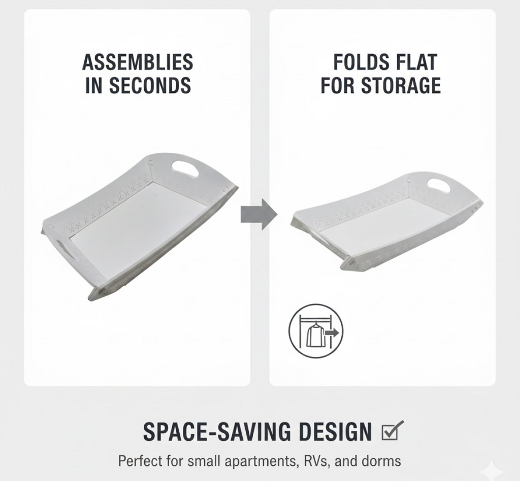 Bottom view of the serving tray, revealing its stable support legs when unfolded.