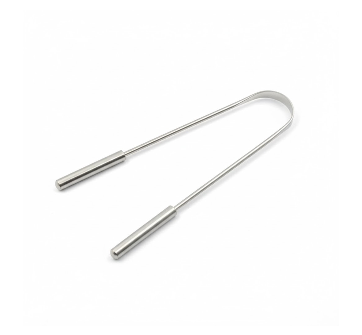 Graphic illustrating the main features of the MintGuard stainless steel tongue cleaner.