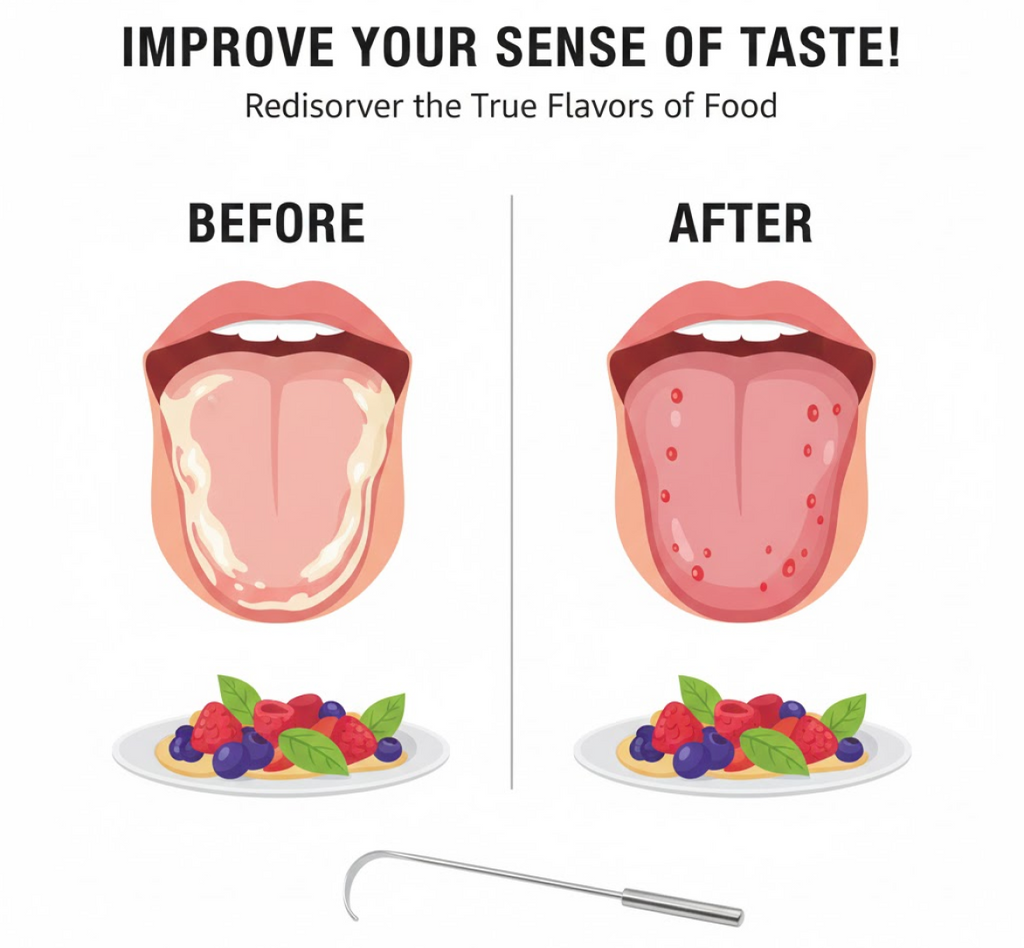 Visual representation of the health benefits of using a tongue cleaner daily.