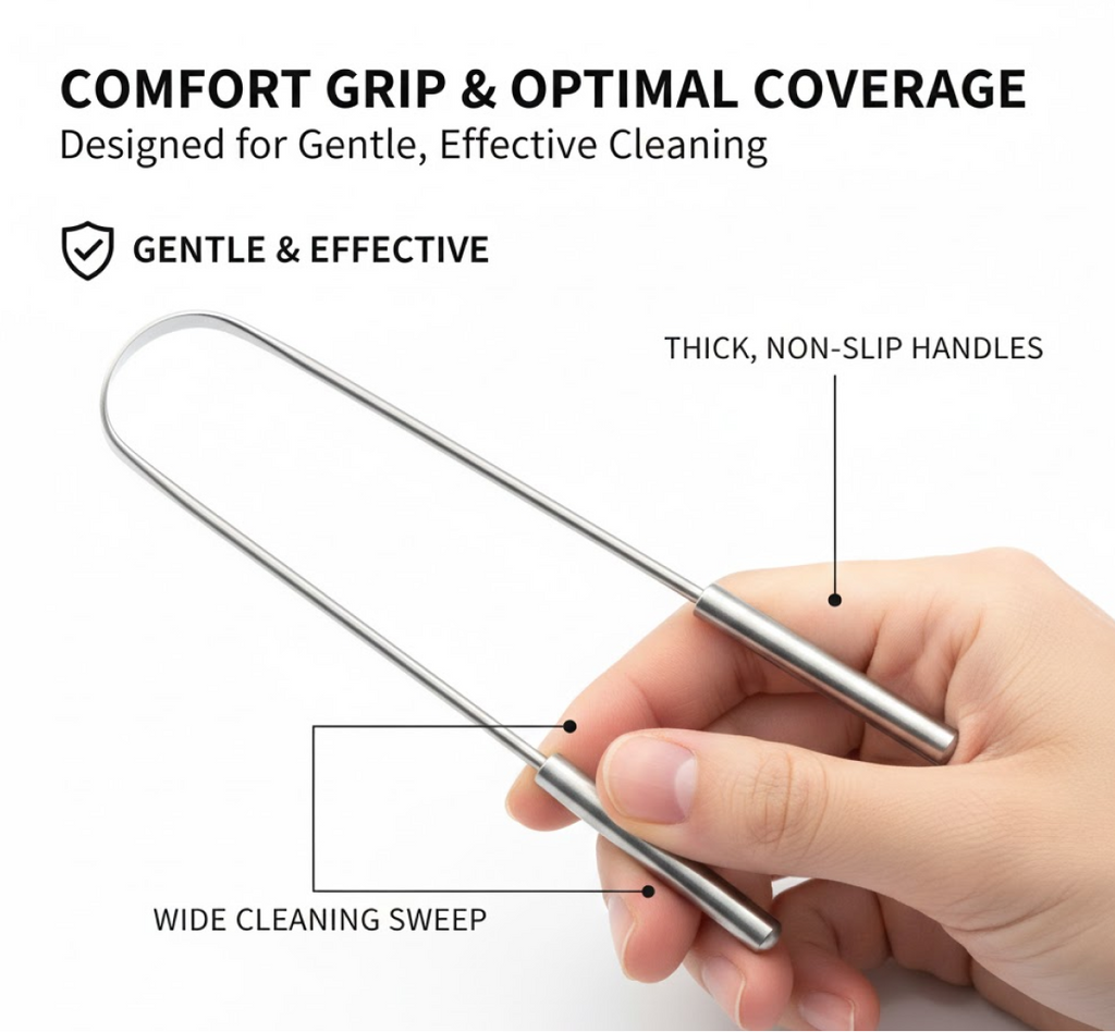 Infographic summarizing the key advantages of the MintGuard tongue cleaner.
