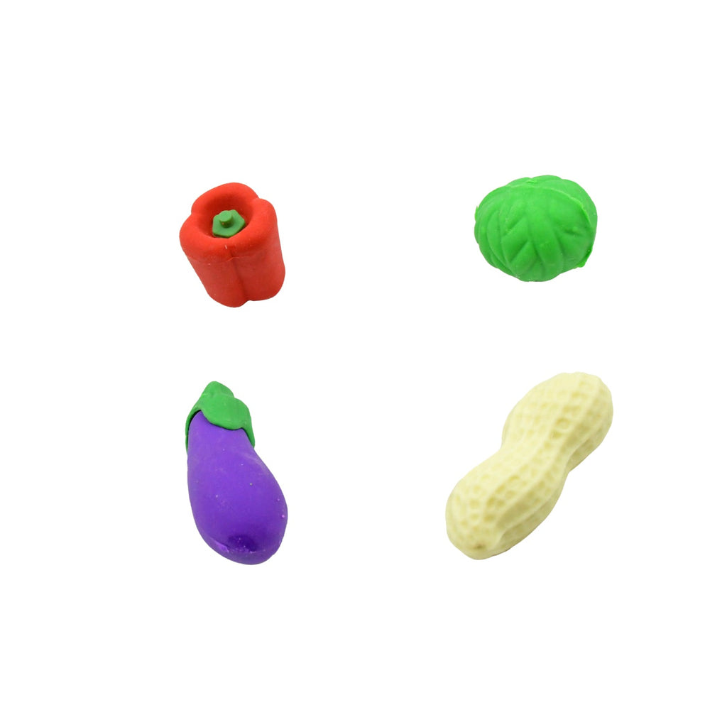 Overhead view of a variety of vibrant mini fruit and vegetable erasers for creative play.