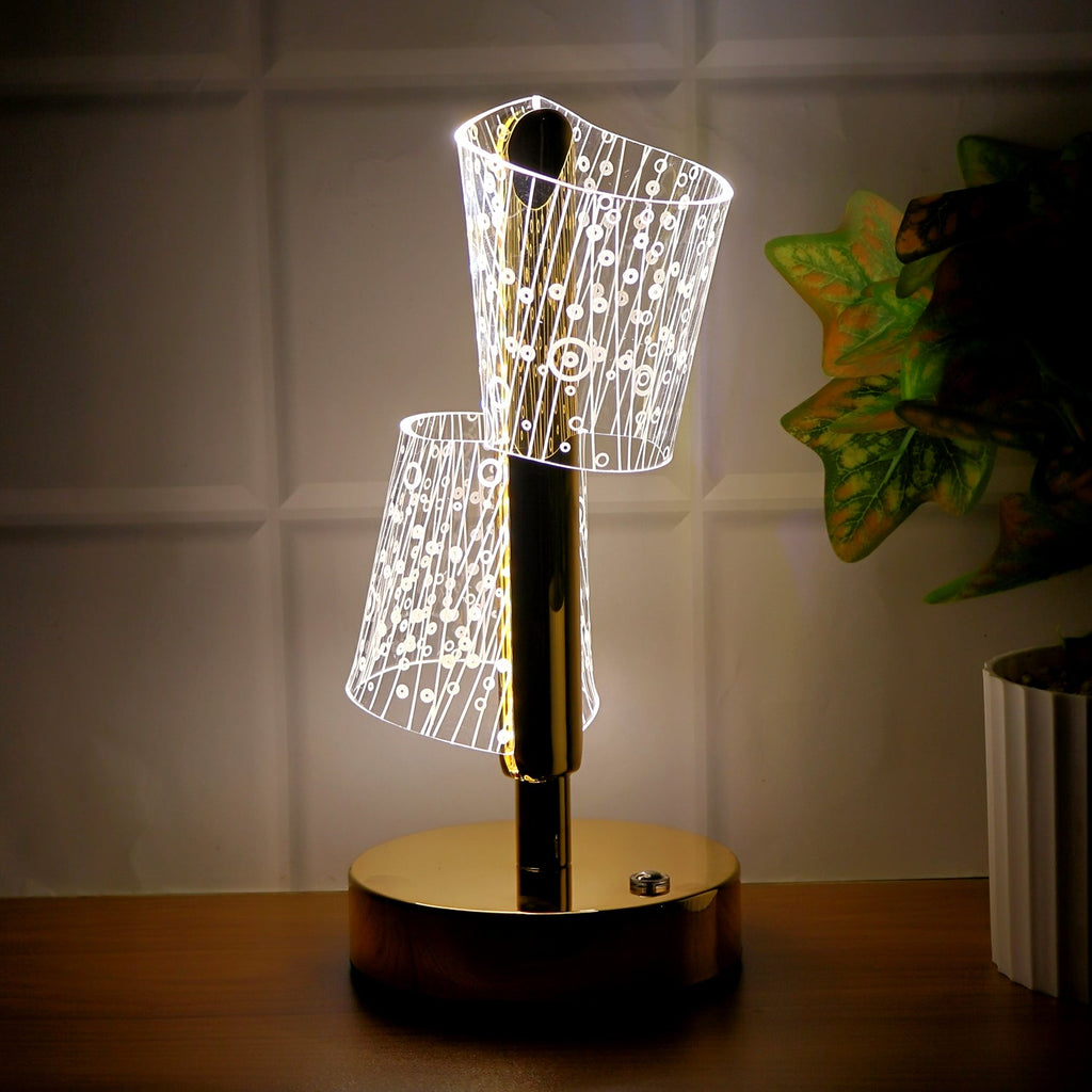 Close-up of stylish LED double shade table lamp with warm light