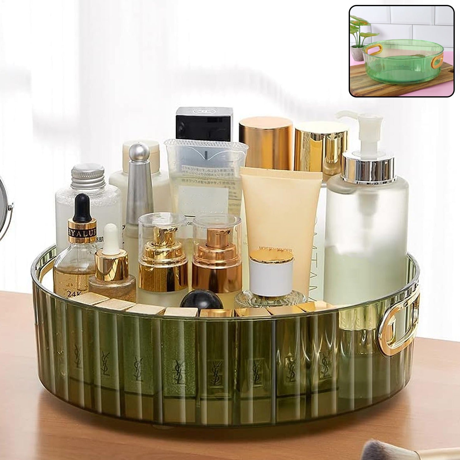 Rotating storage rack with golden handles, displaying various items organized.