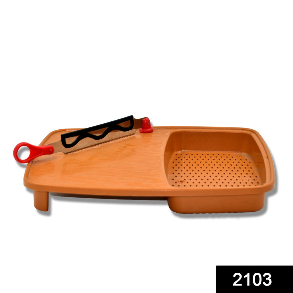Top-down view of the durable plastic cutting board, showcasing its smooth surface.