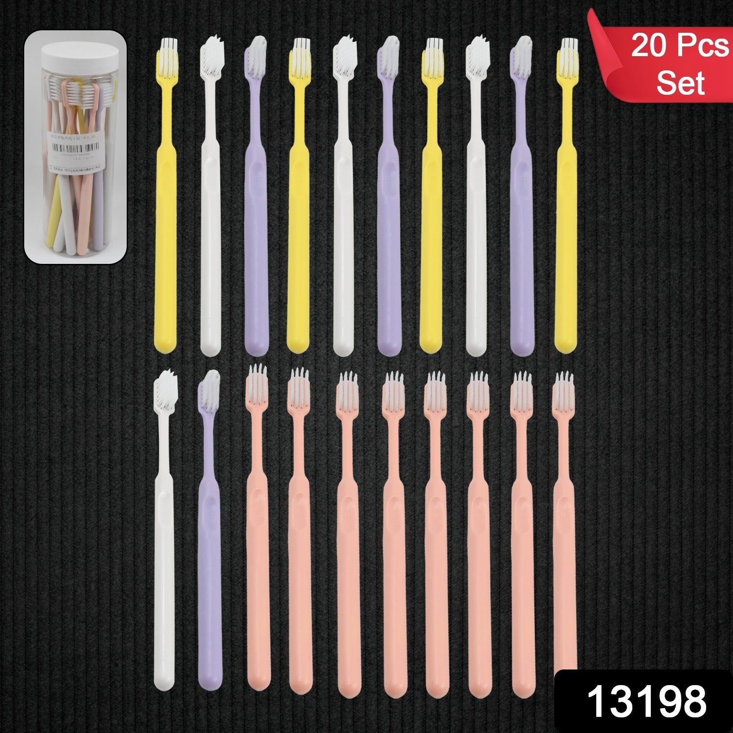 Clear plastic round box containing multiple soft plastic toothbrushes, ideal for travel and organized storage.