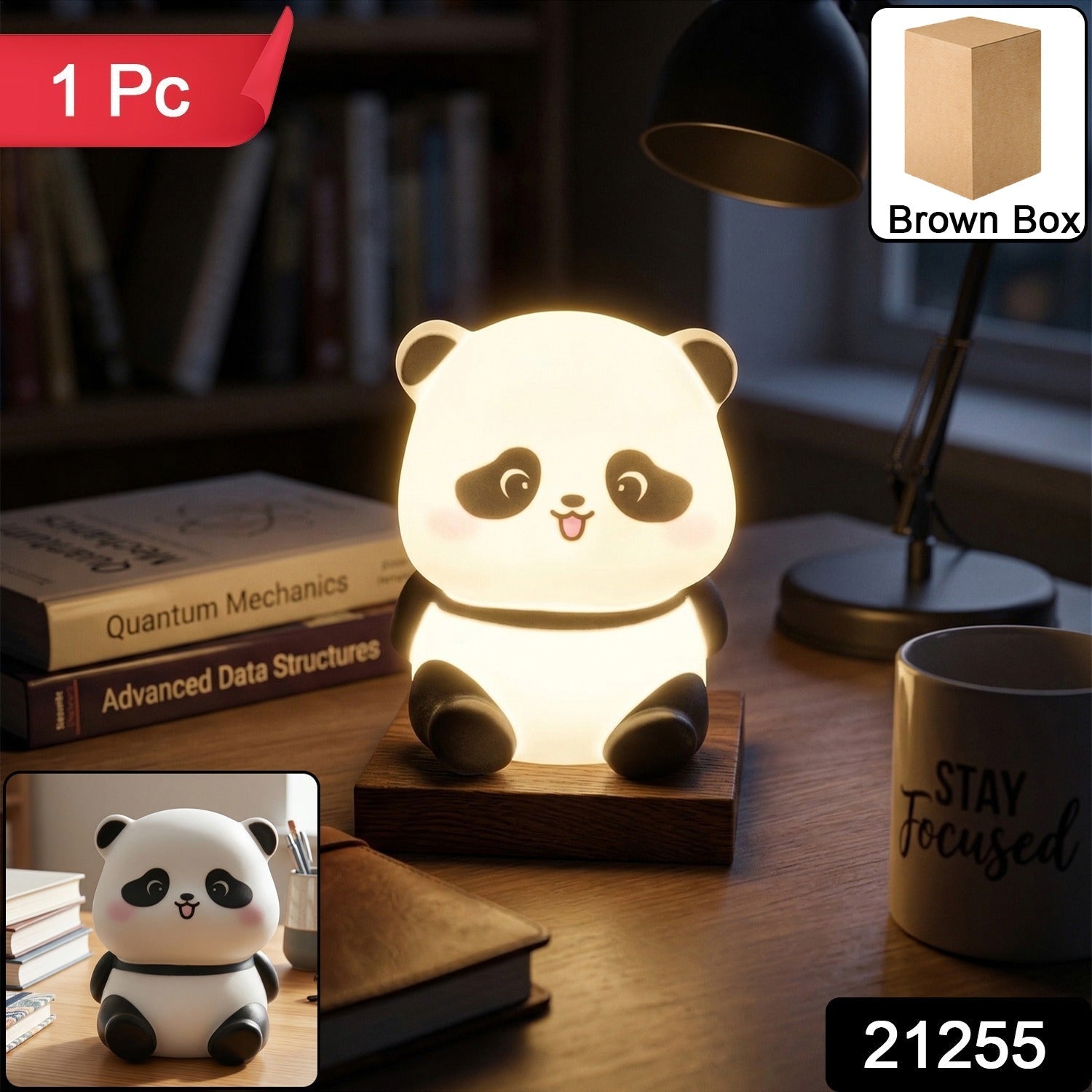 Mini panda LED night lamp on bedside table