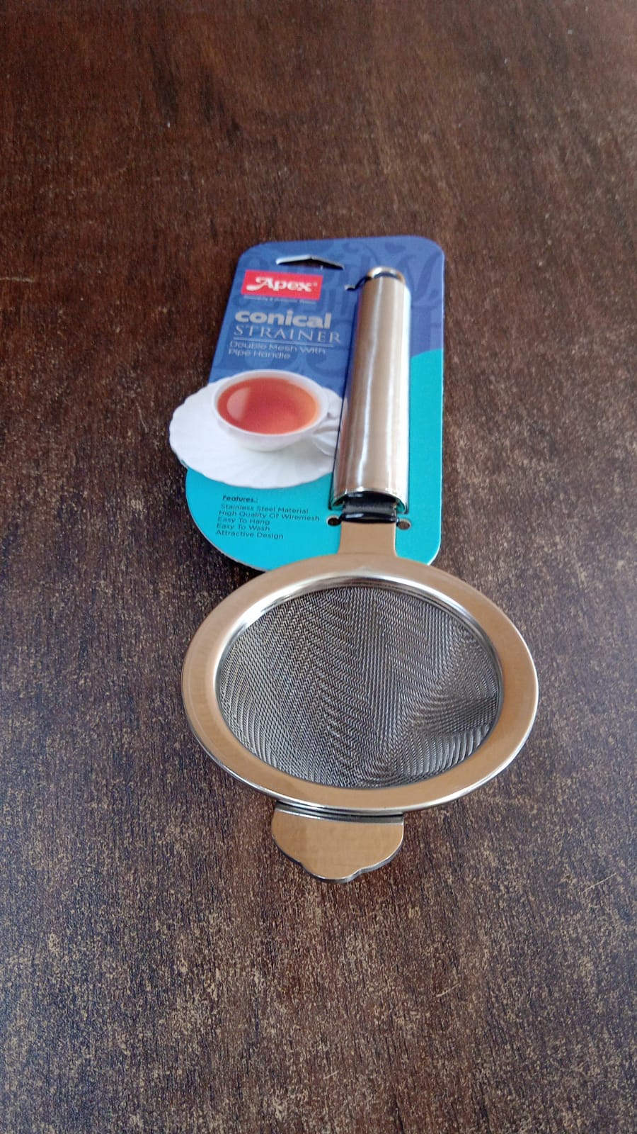 Packaging of Apex stainless steel tea strainer with double mesh