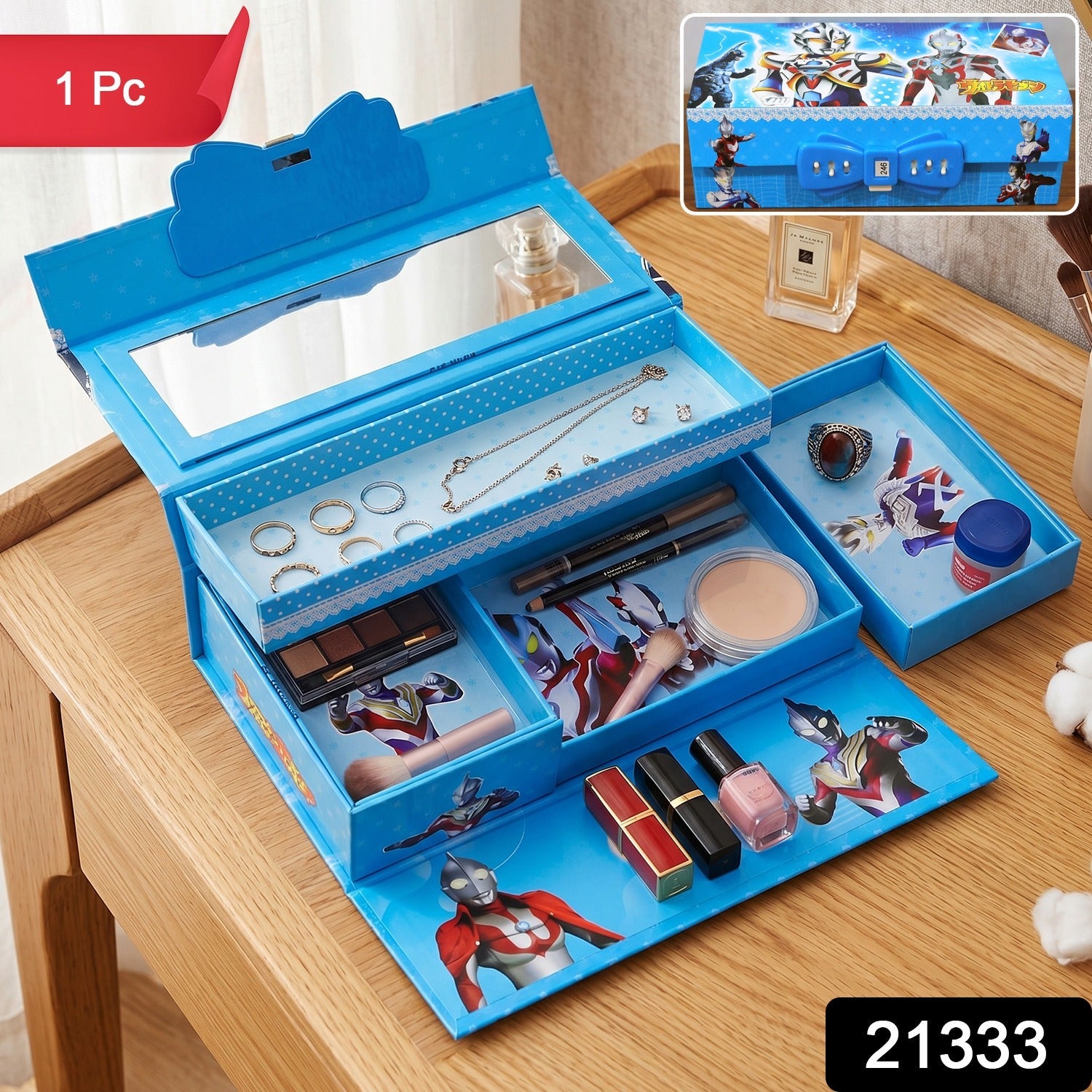 Cosmetic organizer case with sliding compartments and mirror