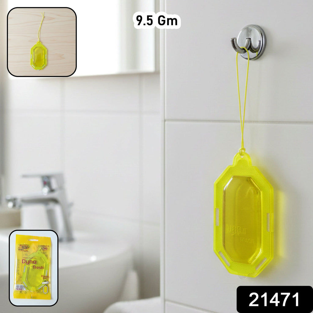 Hanging citrus gel air freshener in a bathroom setting