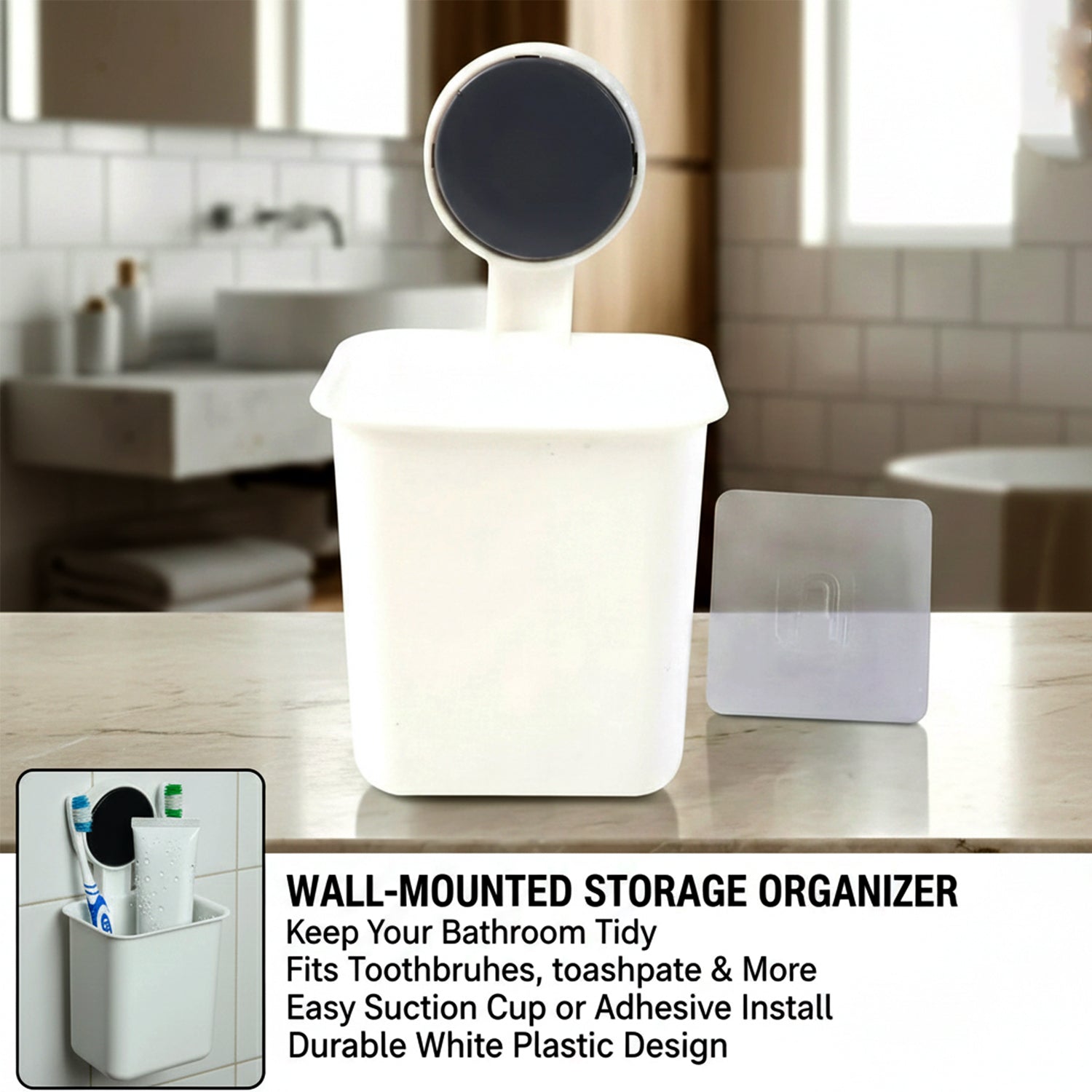 Compact plastic bathroom organizer ideal for toothbrushes and toothpaste storage.