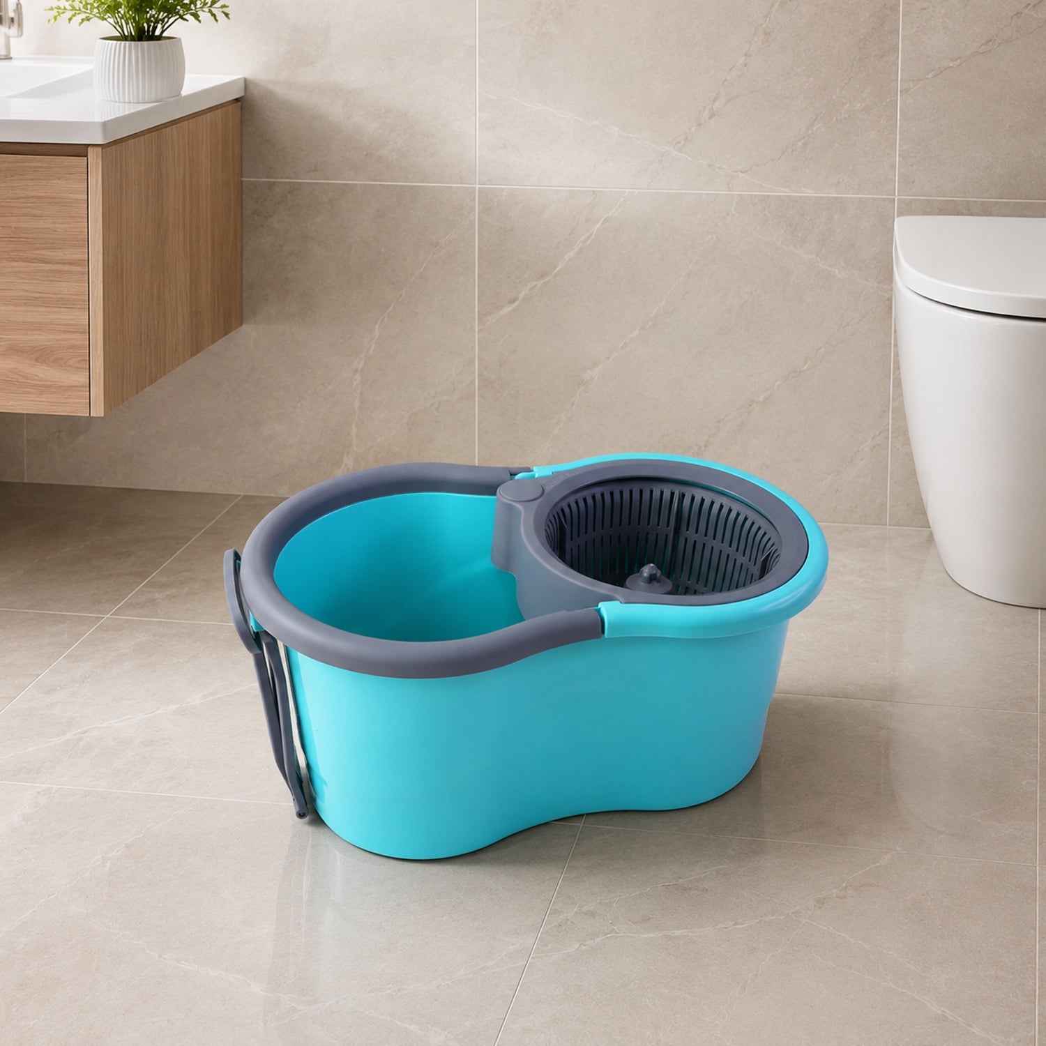 Bathroom setup with plastic spin mop for household cleaning
