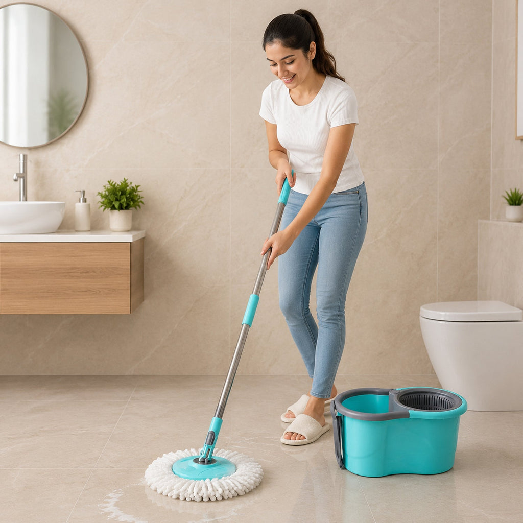 Lifestyle use of plastic spin mop set for home cleaning