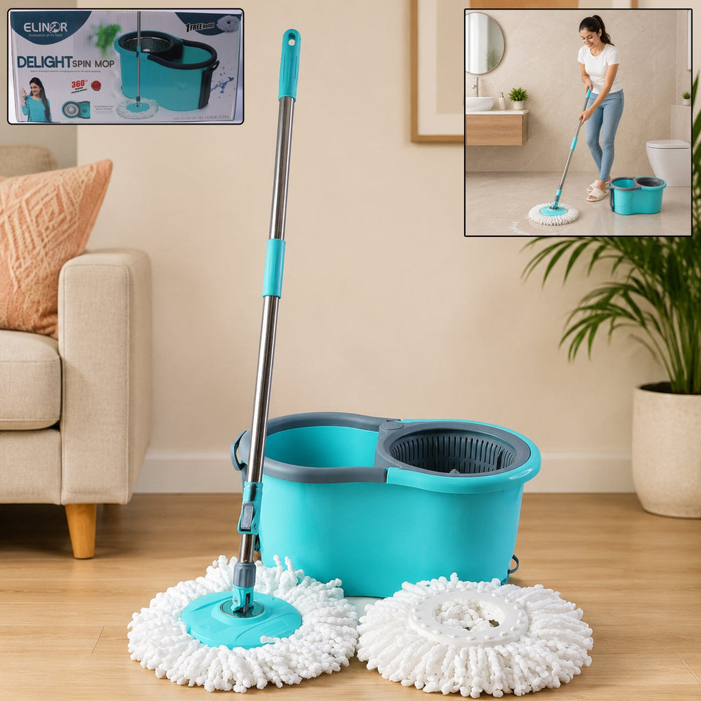 Plastic spin mop set with bucket and microfiber head for efficient cleaning