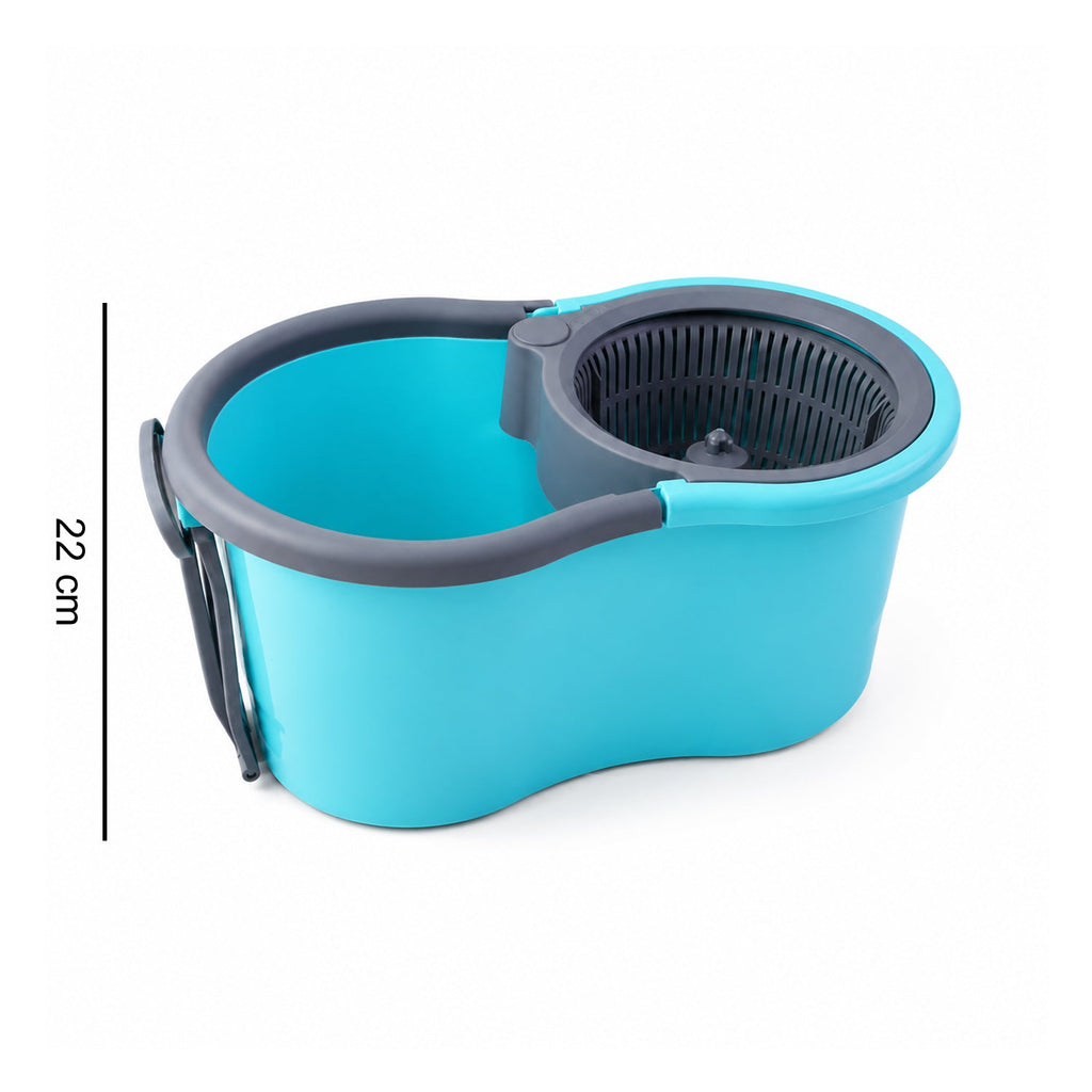 Size diagram of plastic spin mop set including bucket and microfiber refills