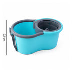 Size diagram of plastic spin mop set including bucket and microfiber refills
