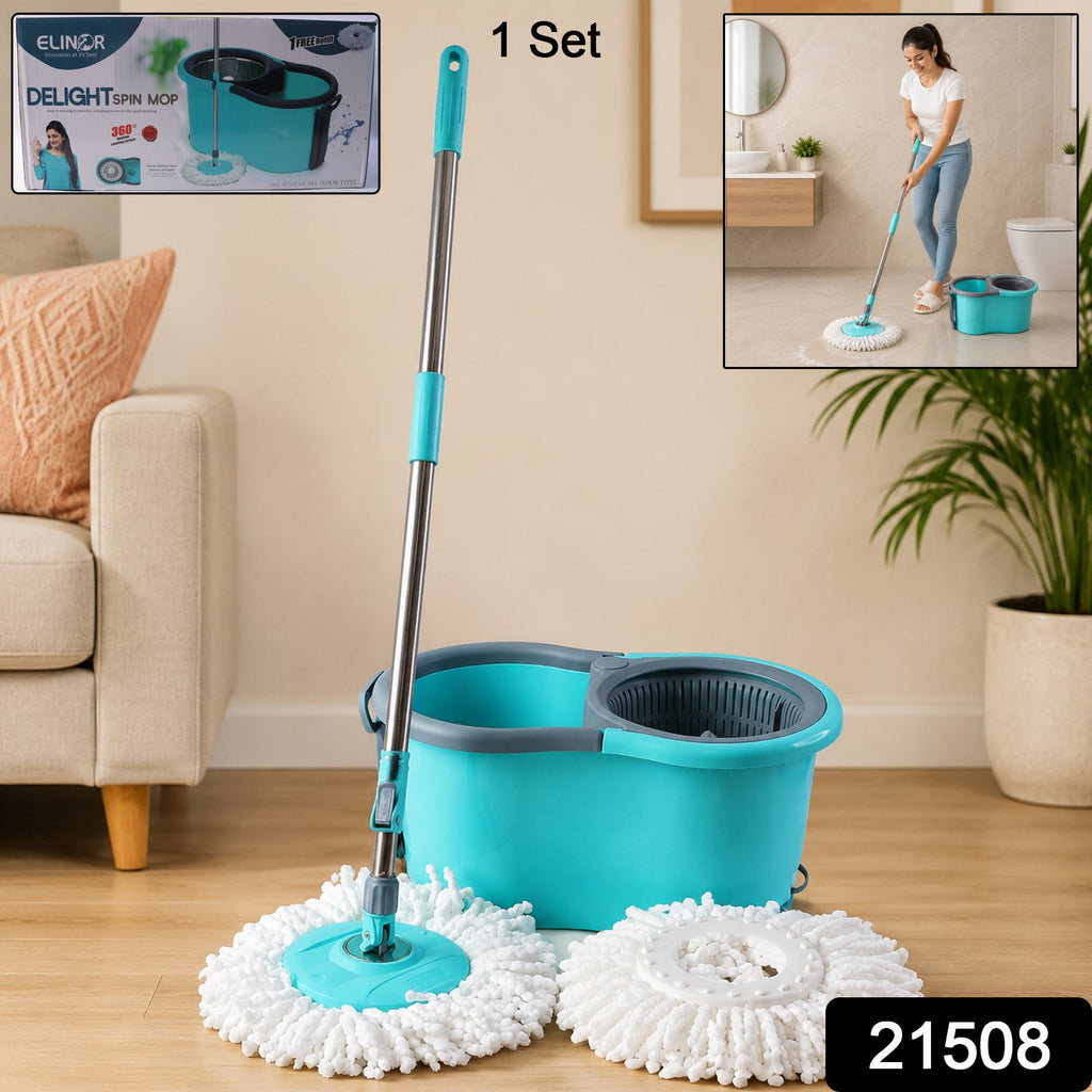 Complete plastic 360¡ spin mop set with bucket, microfiber refills and stainless steel rod