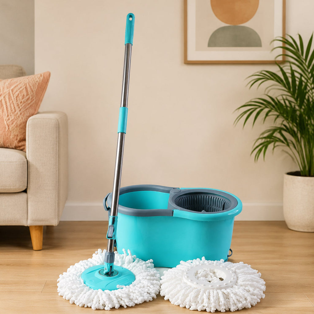 Front view of plastic spin mop set with bucket and microfiber head