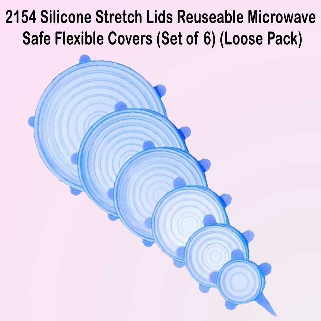 Set of 6 flexible silicone stretch lids in different sizes for kitchen use.