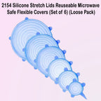 Set of 6 flexible silicone stretch lids in different sizes for kitchen use.