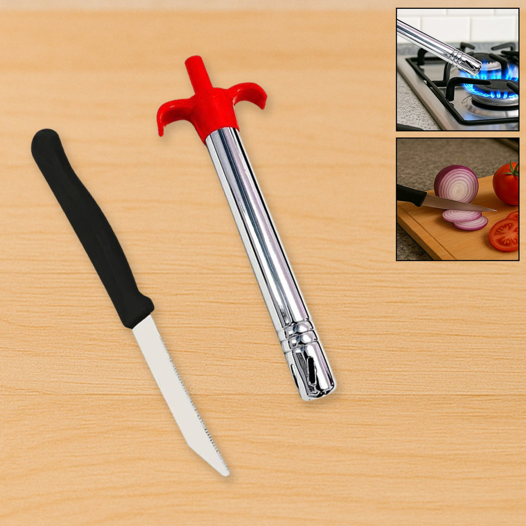 Complete set featuring a stainless steel gas lighter and a kitchen knife for efficient cooking.