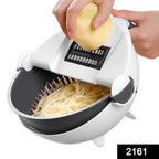 Overview of the vegetable cutter slicer displaying its multiple blade attachments and rotating drain basket.