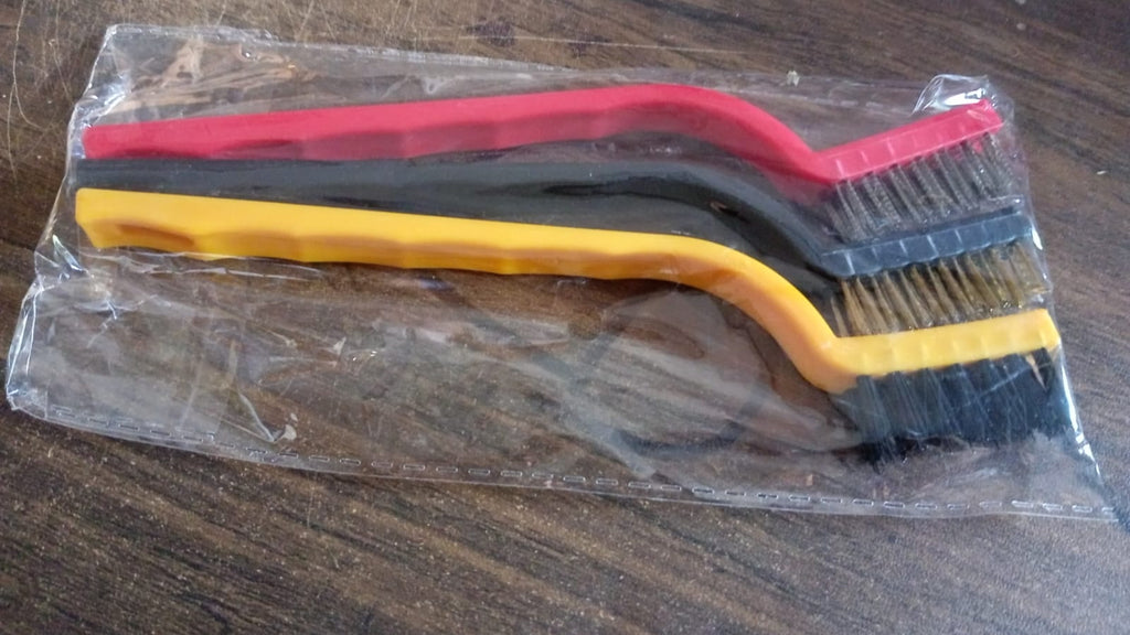 Full view of the 3-piece mini wire brush set, ready for various cleaning applications.