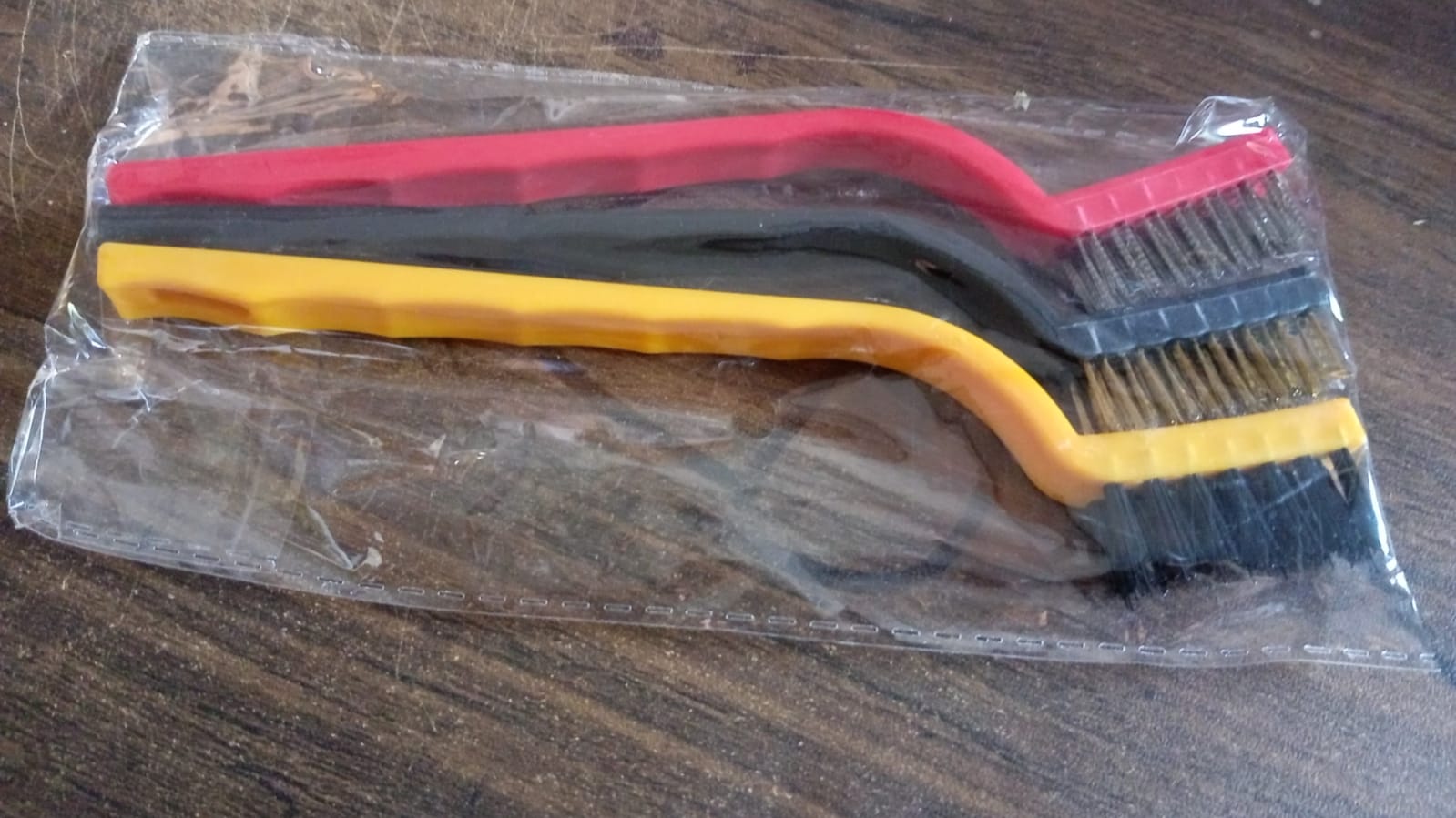 Full view of the 3-piece mini wire brush set, ready for various cleaning applications.
