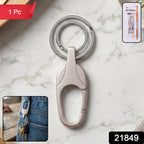 Close-up of the spring-loaded metal carabiner clip on a keychain