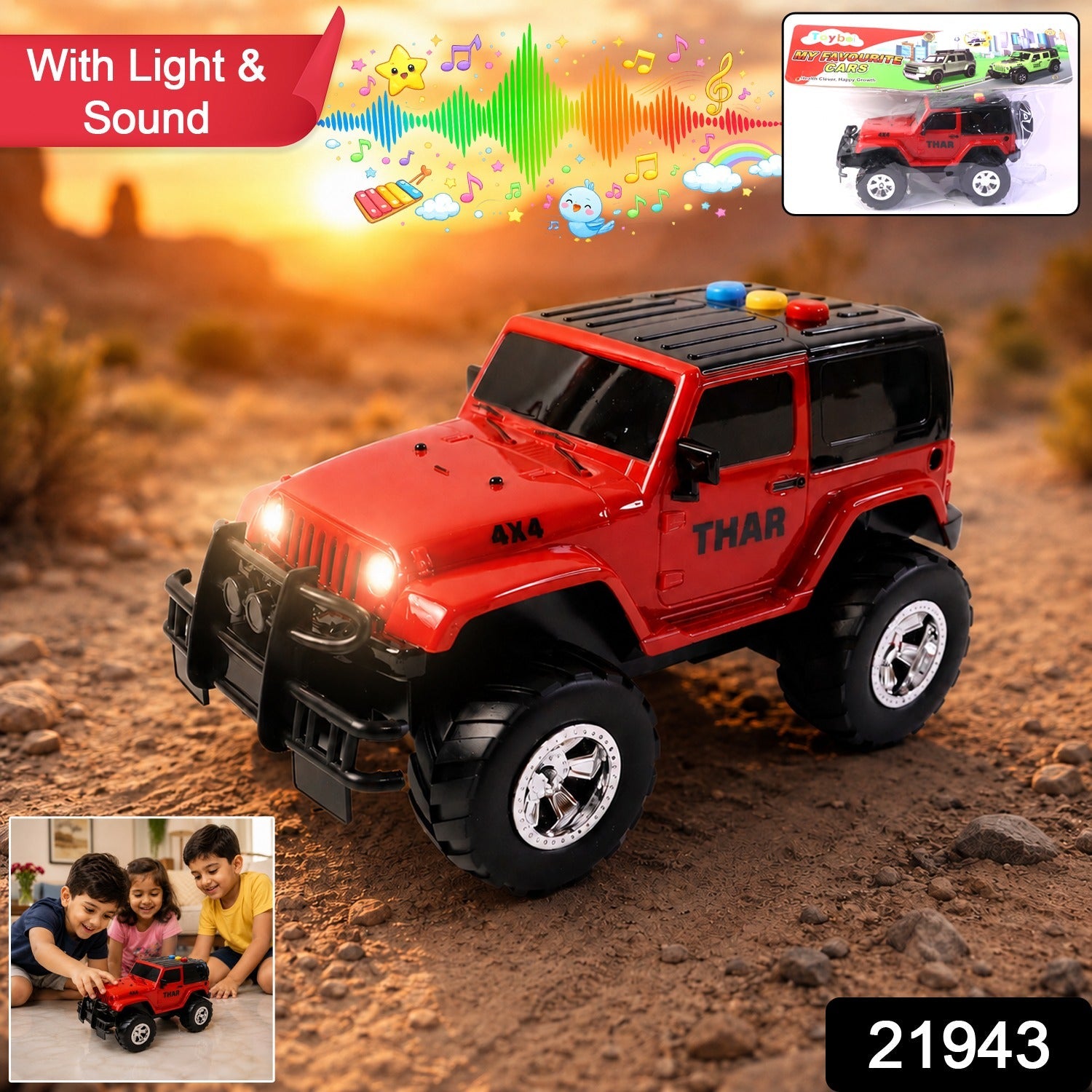 Side view of Kids Hunter Off-Road Toy Jeep with lights on for kids' outdoor play