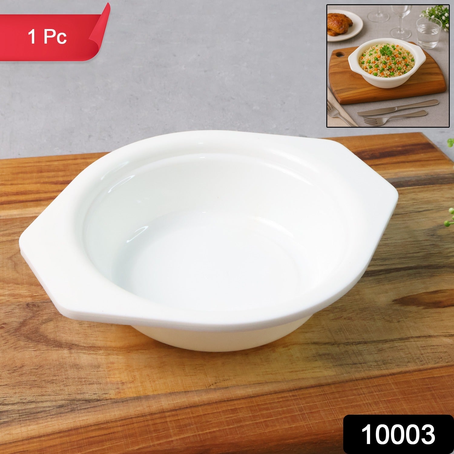 Multi-purpose plastic serving bowl showing easy-grip side tabs and wide rim