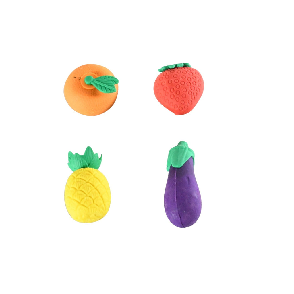 Four vibrant 3D erasers of fruits and vegetables arranged for a close-up view.