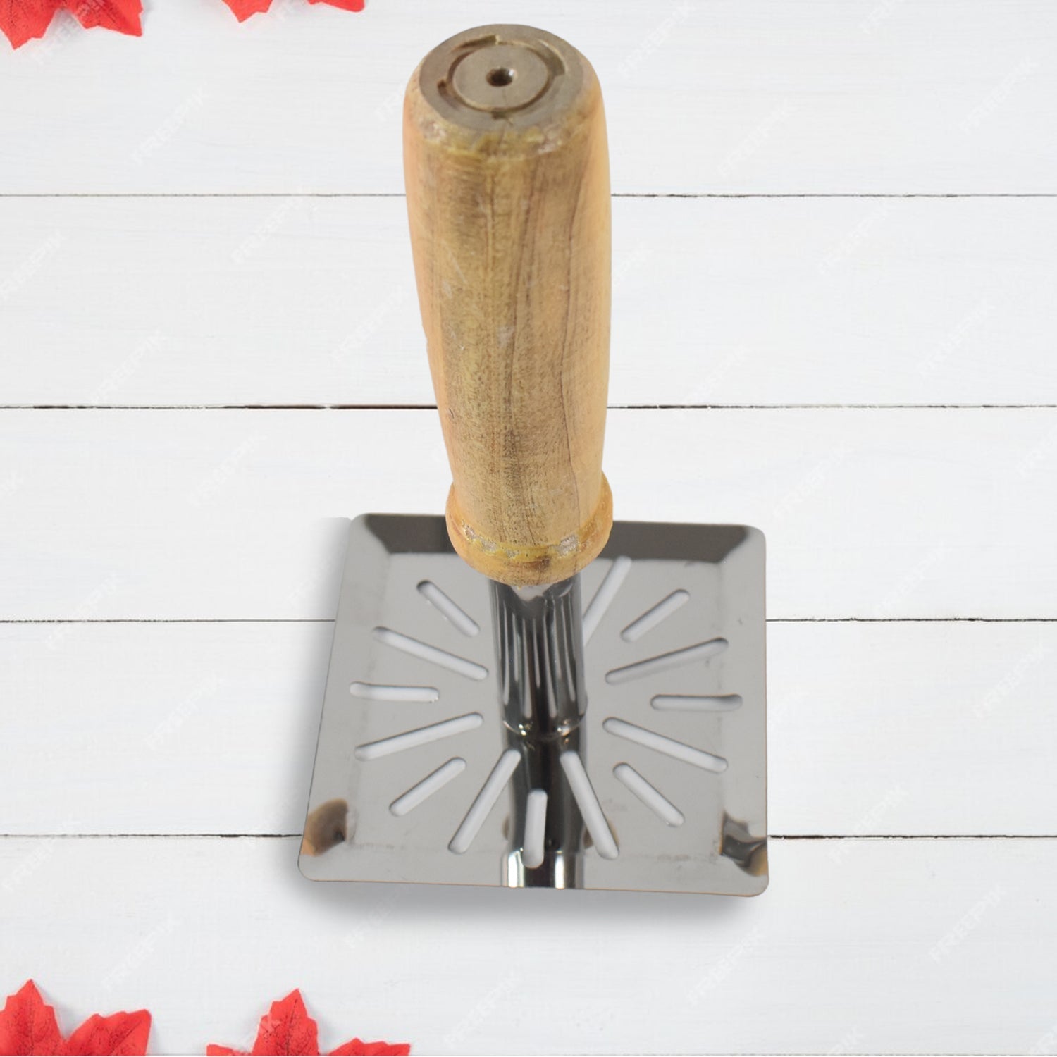 Durable stainless steel potato masher with comfortable wooden handle