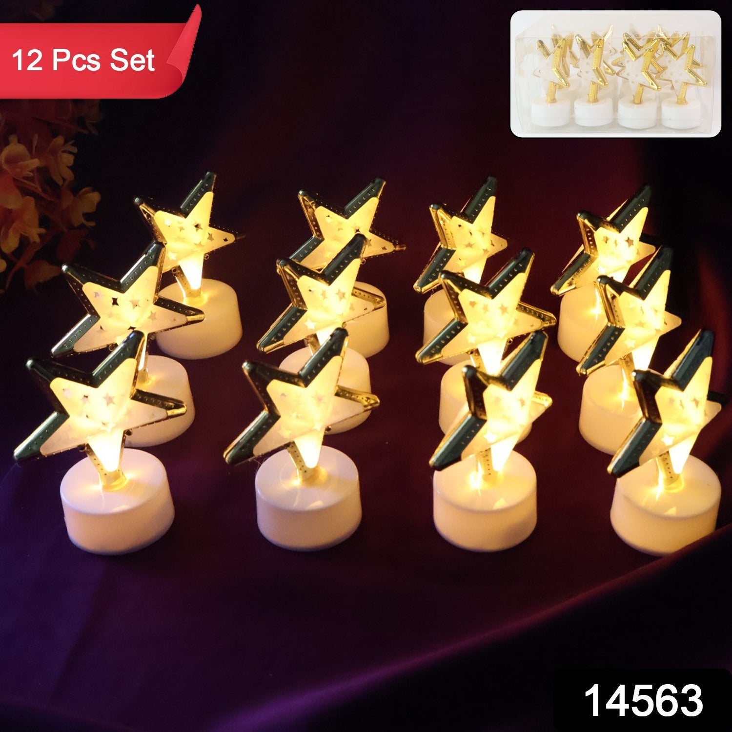 Close-up of flameless LED candles emitting warm flickering light in star shapes