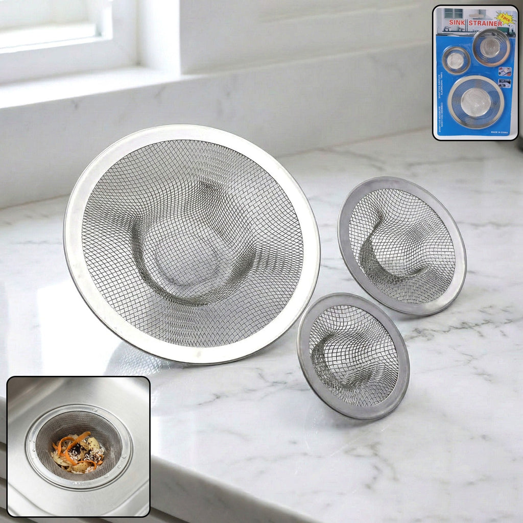Set of three stainless steel sink drain strainers with fine mesh design
