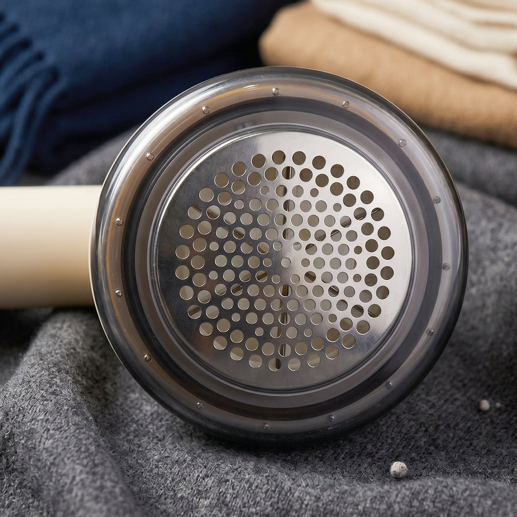 Close-up of stainless steel mesh blade on fabric shaver