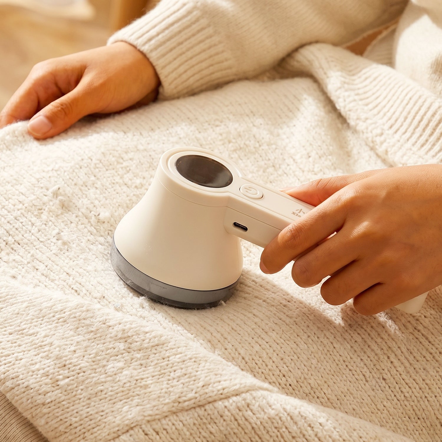 Fabric shaver in use on a sweater