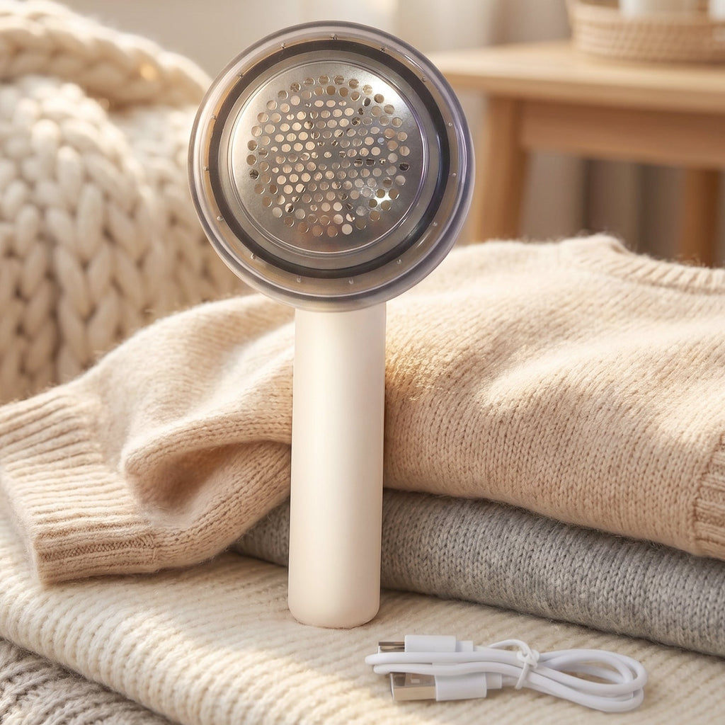 Rechargeable fabric shaver in use on clothes and upholstery