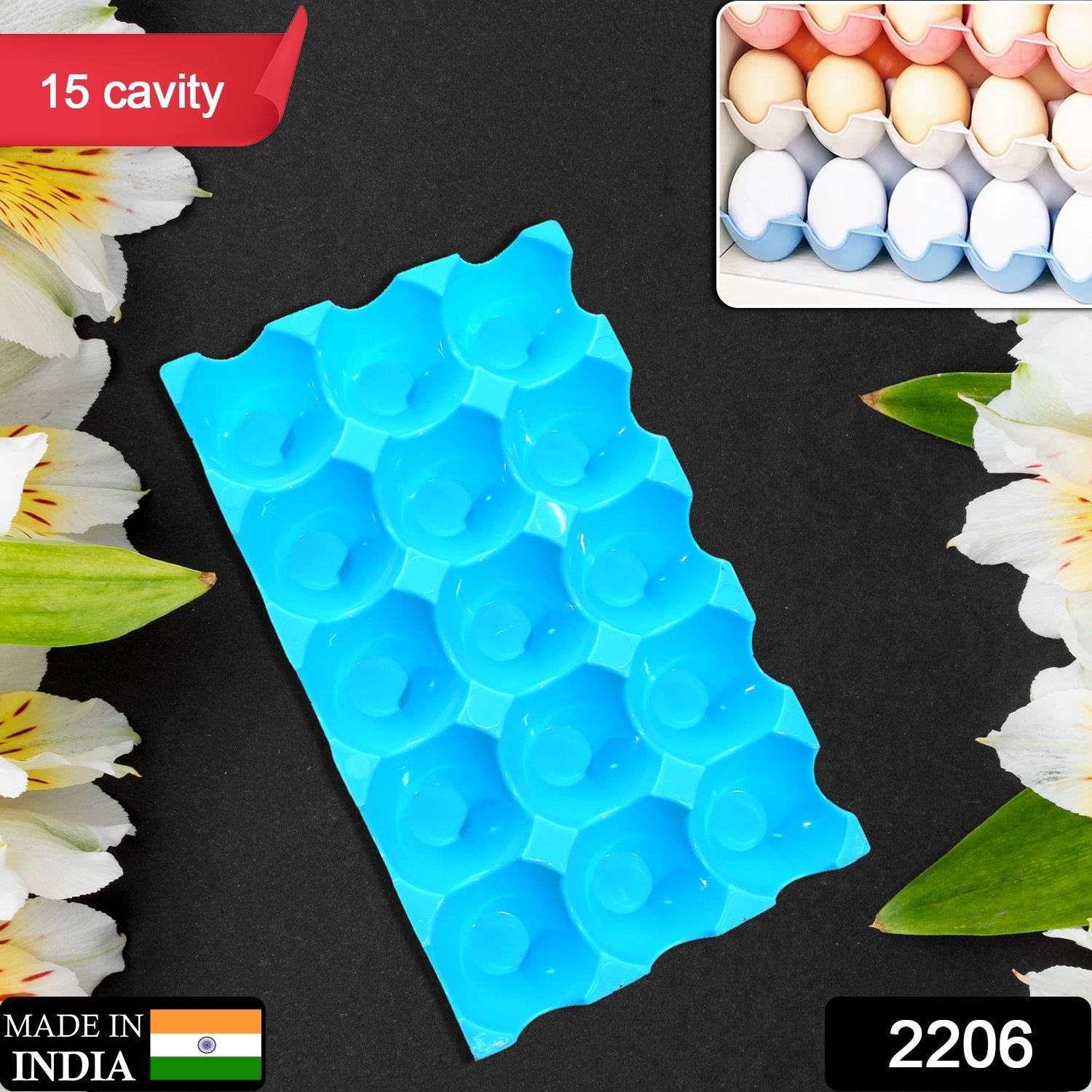 Top-down view of a sturdy plastic 15 egg holder tray.