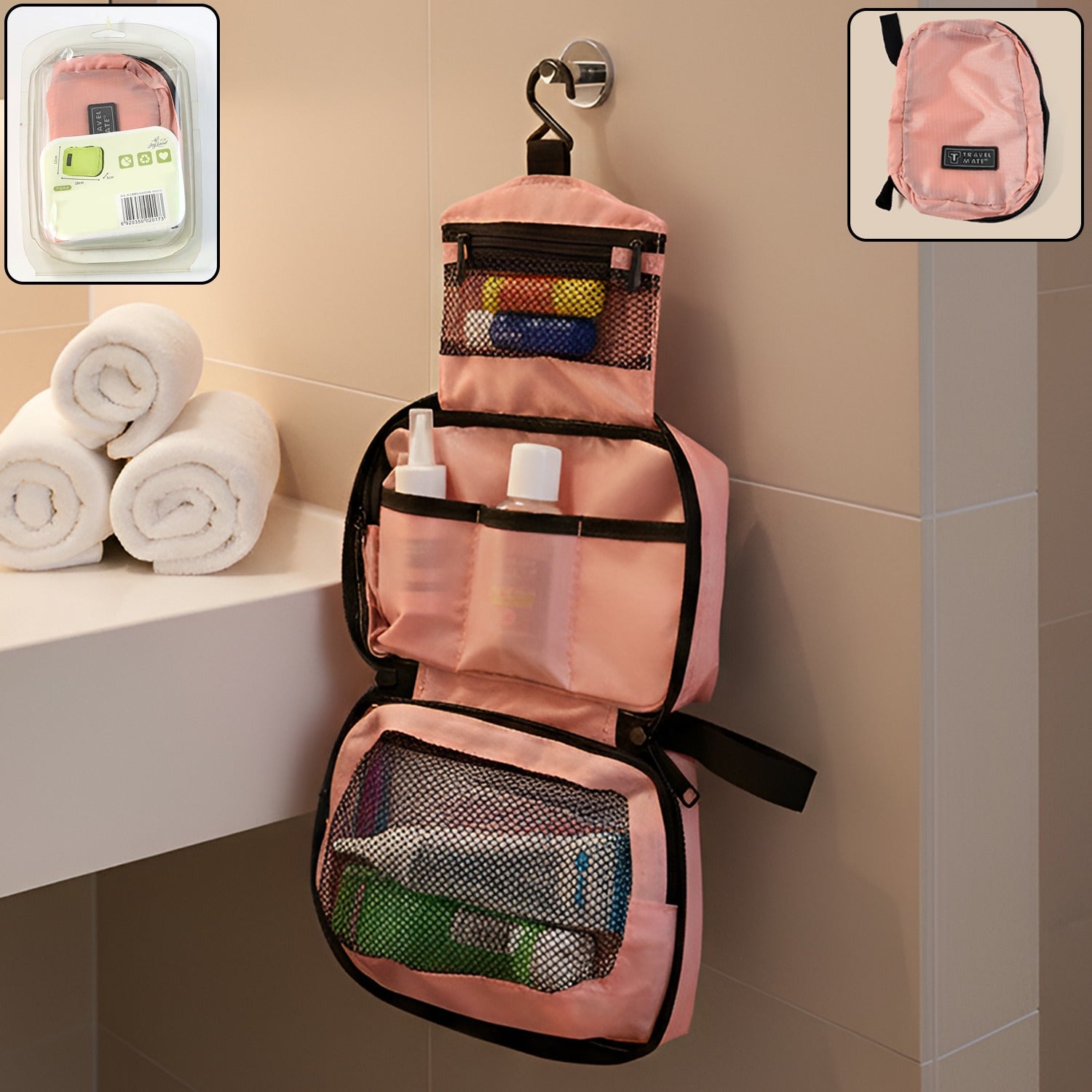 Durable hanging toiletry bag made from waterproof nylon fabric