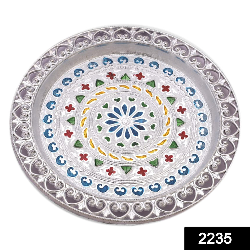 Silver plated pooja thali with a subtle design, enhancing your festive rituals.