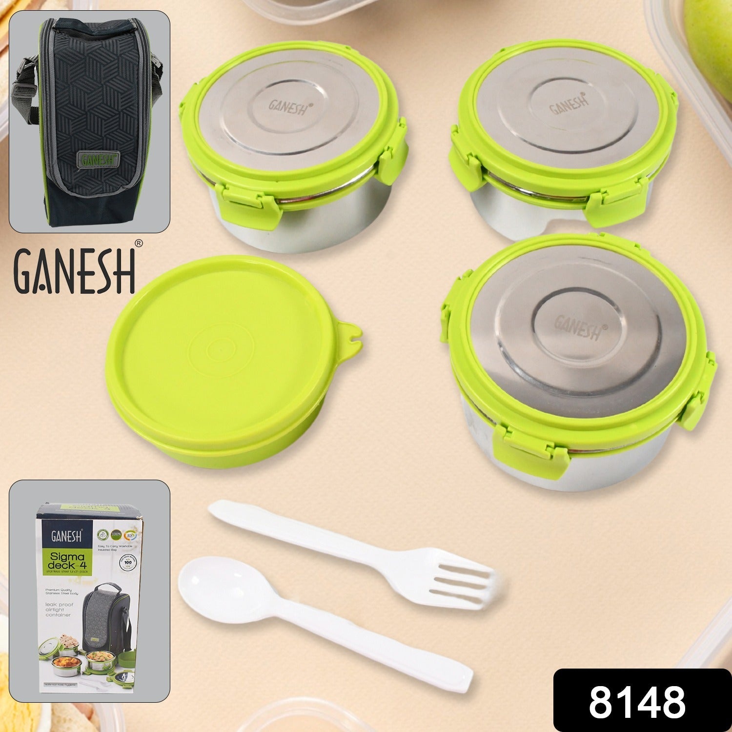 Top view of a Ganesh Stainless Steel Tiffin Lunch Box, showcasing its secure clip-lock mechanism.