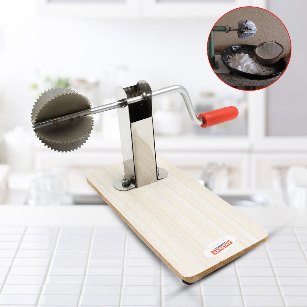 Hand roller stainless steel coconut scraper with wooden base