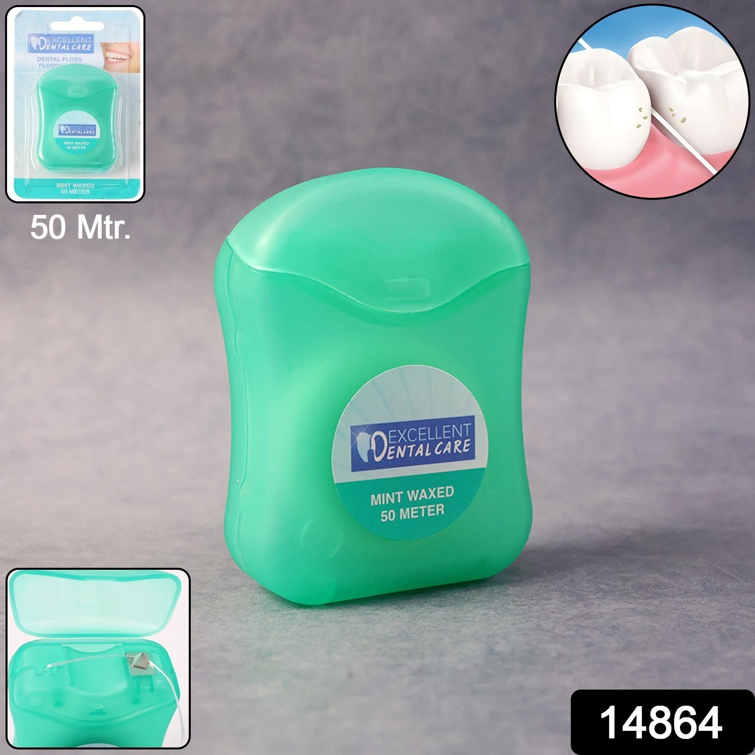 Close-up of mint wax coating on dental floss thread for smooth glide