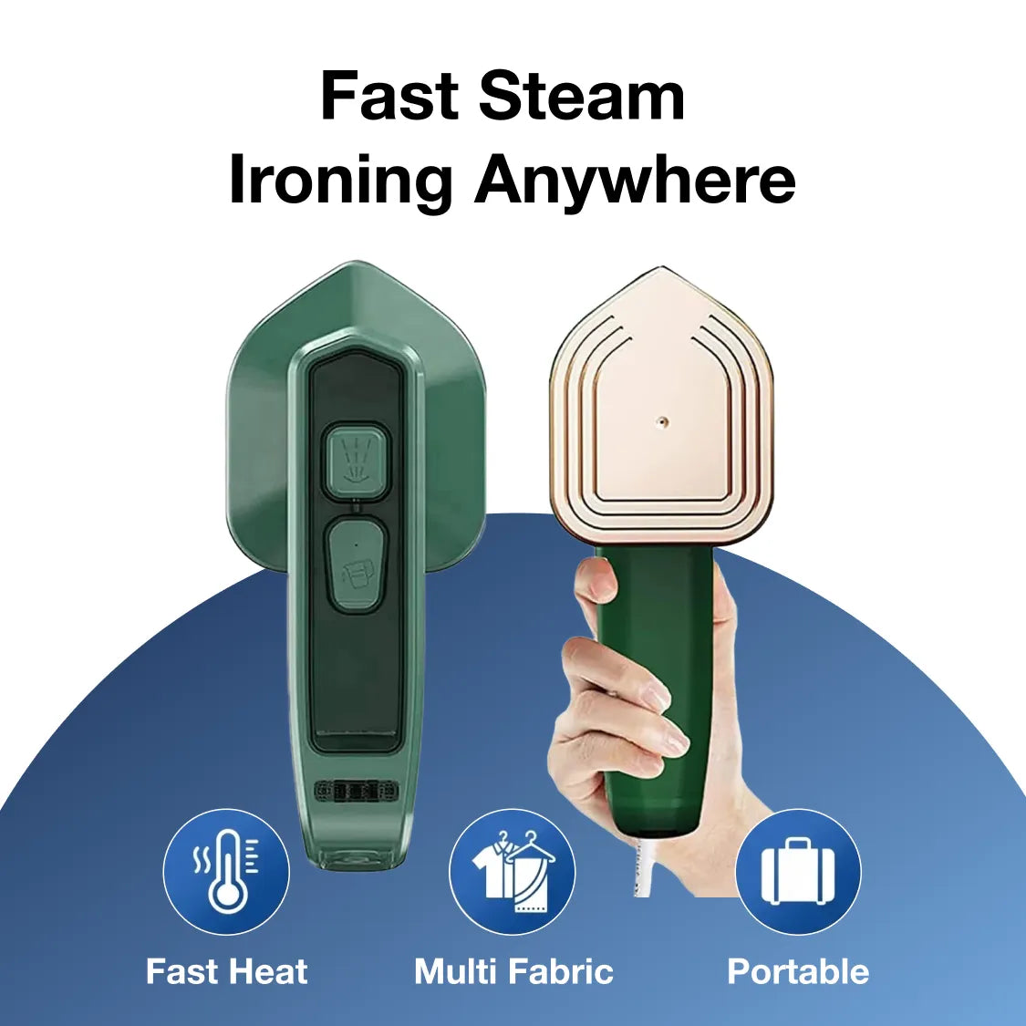 Main product shot of the Happy Bathers portable steam iron, highlighting its compact design.