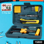 Compact hardware tool set box open, showing screwdrivers and pliers.