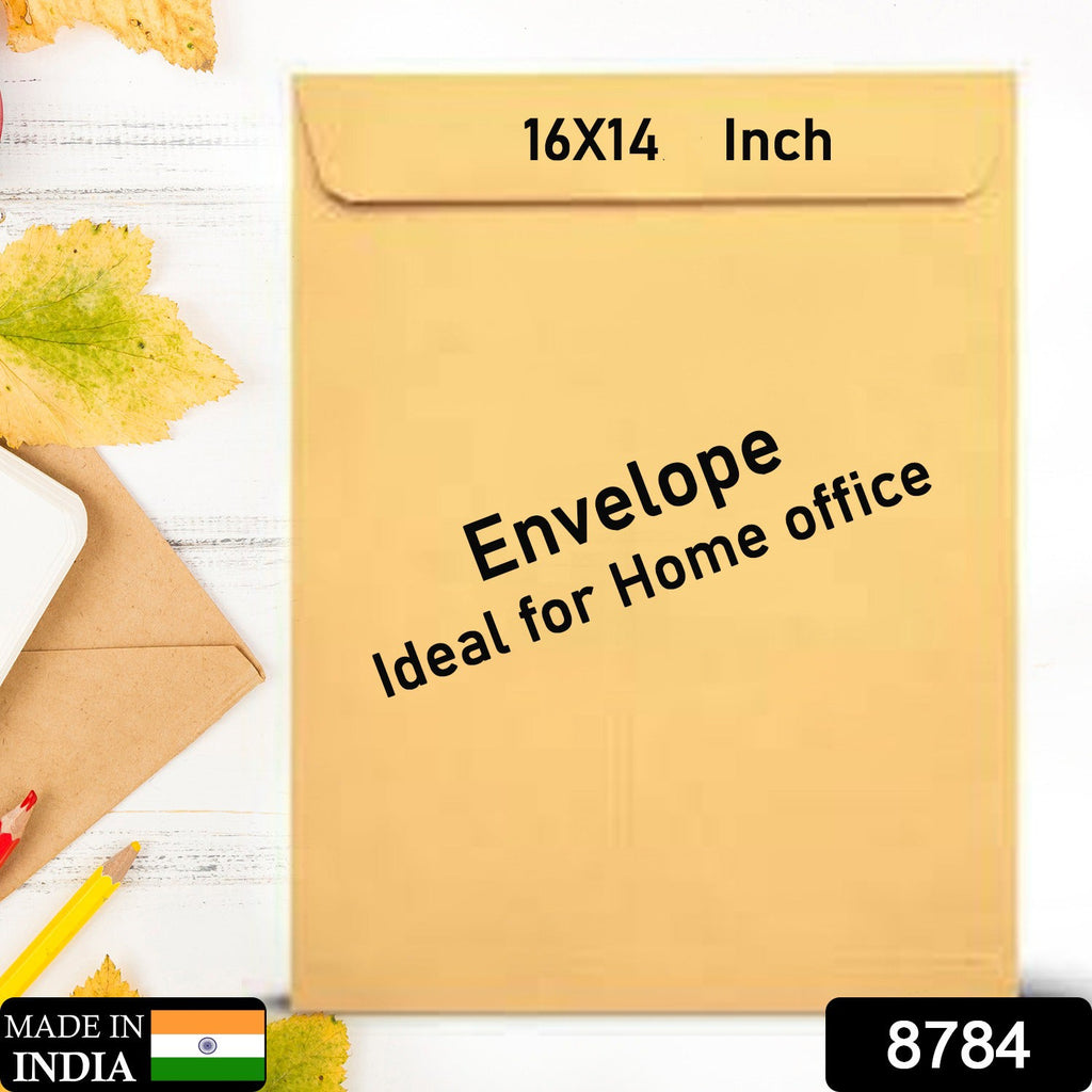 Stack of brown kraft envelopes with a pen and small note, ready for use.