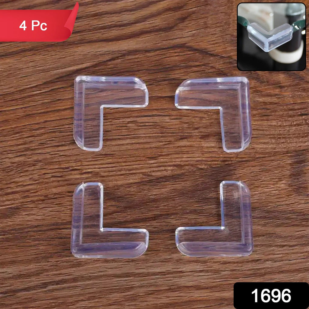 Soft, flexible clear edge guard protecting a sharp furniture corner for child safety.