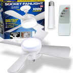 White ceiling fan with integrated LED light on a plain background